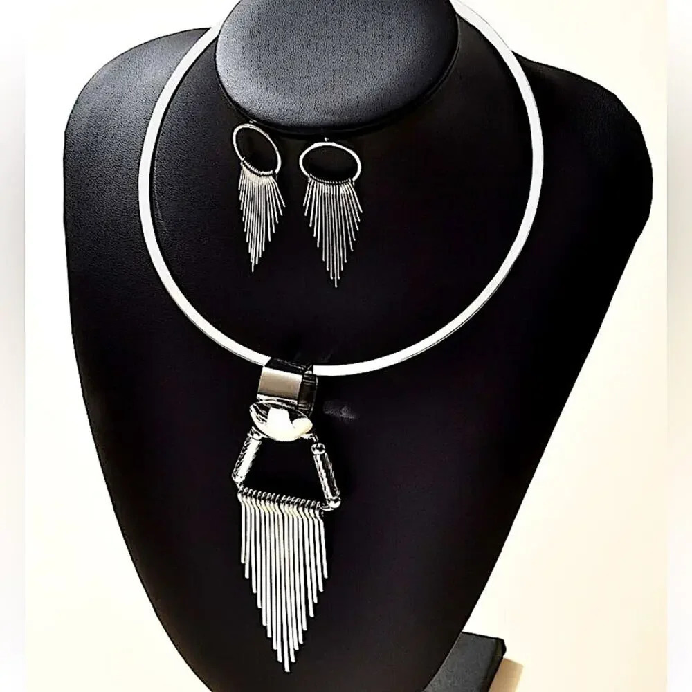Silver Tassel Fringe Choker Statement Necklace Earrings Set